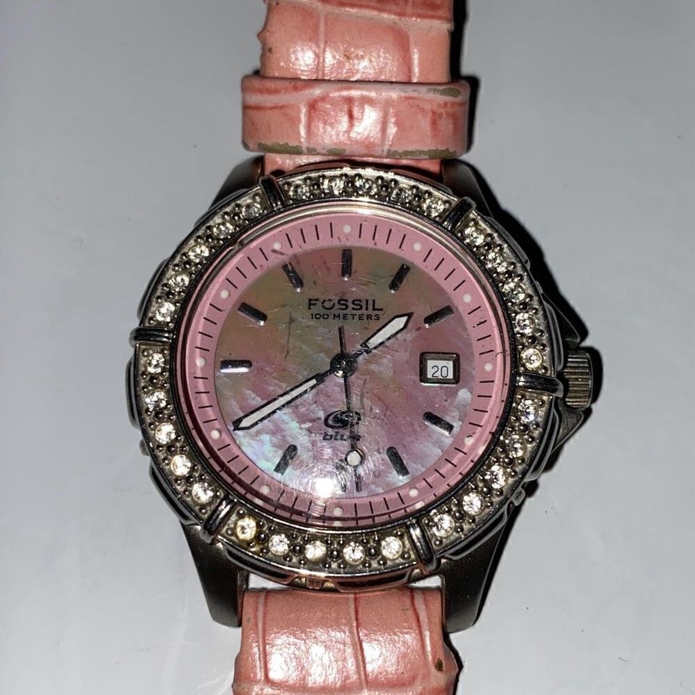 Fossil Blue Women's Silver Tone Date Pink Pave‎ Bezel 100M Quartz Watch OS